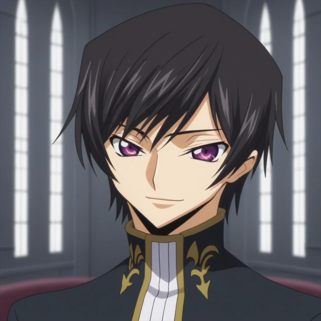 score_9, score_8_up, score_7_up, source_anime, rating_safe, intricate details, anime screencap, , , looking at viewer, depth of field, 1boy, solo, male focus, lelouch_lamperouge, black hair, purple eyes, bangs, smile, cute, black suit costume, chair sit down, castle, room, dusk.