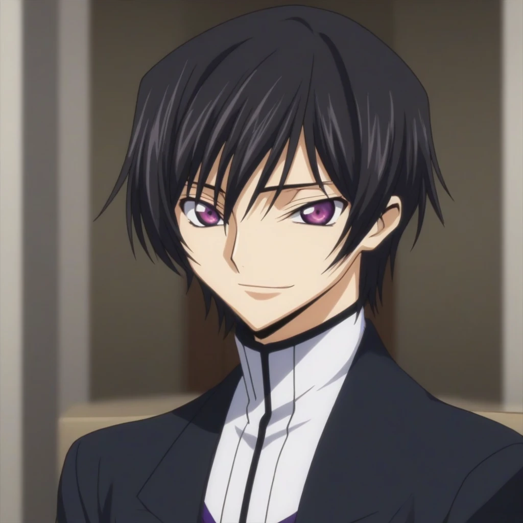 score_9, score_8_up, score_7_up, source_anime, rating_safe, intricate details, anime screencap, , , looking at viewer, depth of field, 1boy, solo, male focus, lelouch_lamperouge, black hair, purple eyes, bangs, smile, cute, black suit costume, chair sit down, castle, room, dusk.