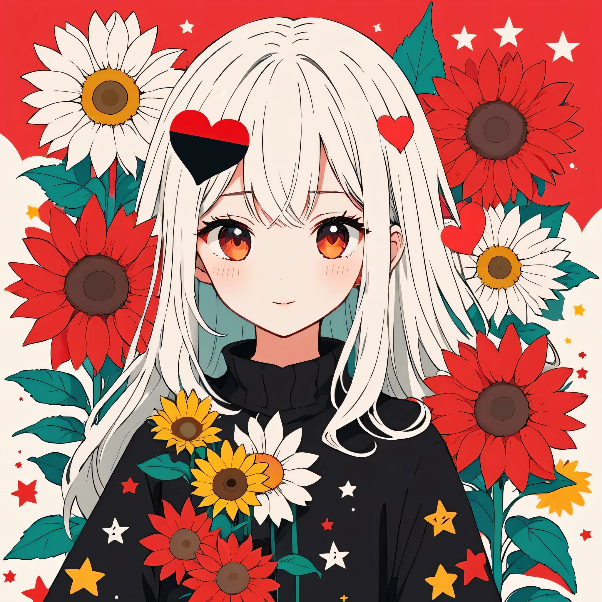 Black Star Red and White style, Simple Line Initialism,Abstract art,Kawaii Design, The most beautiful girl of all time, The background is sunflowers, colorful hearts, colorful flowers,