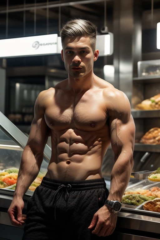 Short white hair_Muscular_Bodybuilding_Six Pack Abs_Hamburger shop clerk_Beautiful female cyborg、Facial blemishes、Relaxed facial expression、mechanical arms