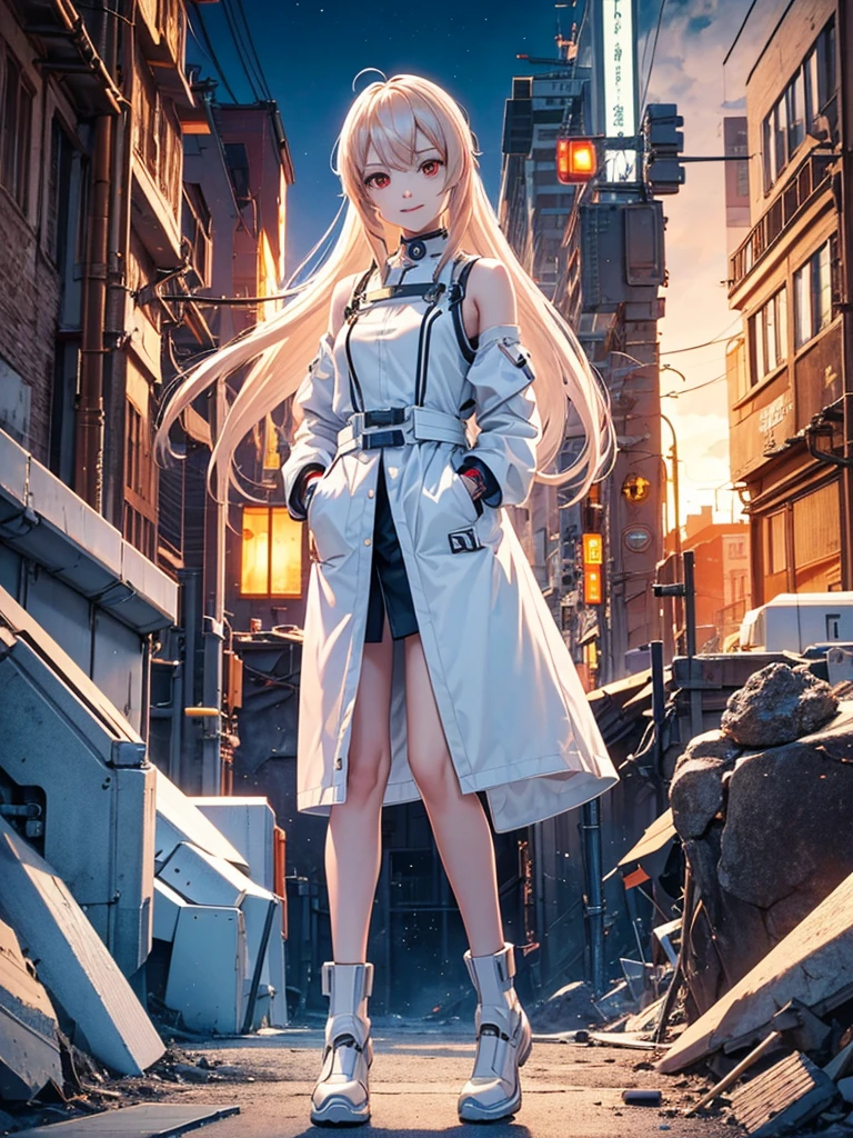 1 robot girl, android, robot style fingers, robot style legs, humanized android, looks perfectly like human being, beautiful girl, wearing scientist clothes, white coat, rose gold hair, shoulder length hair, straight hair, fiery red eyes, smiling mysteriously, looking at the viewer, apocalyptic science fiction sensation, posing scientist pose, with apocalypse background, falling buildings, sci-fi sensation, robotic background, scientific background