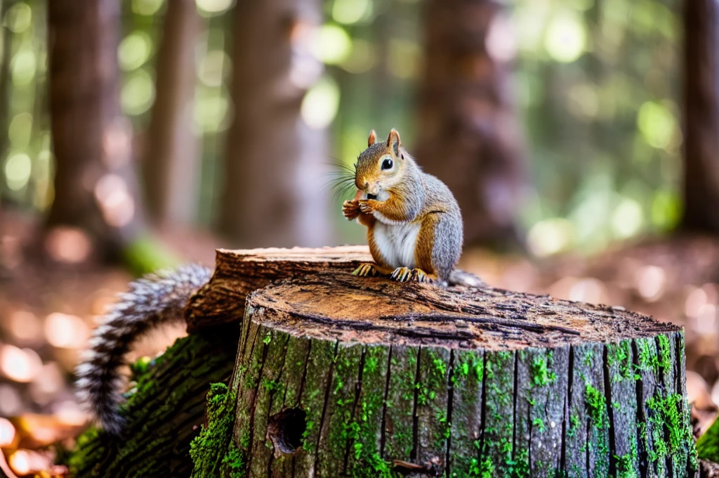 a squirrel sitting on top of a tree stump, a photo, magical forest background, eating, aluminium, foto