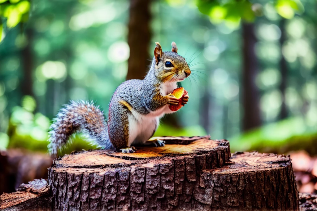 a squirrel sitting on top of a tree stump, a photo, magical forest background, eating, aluminium, foto