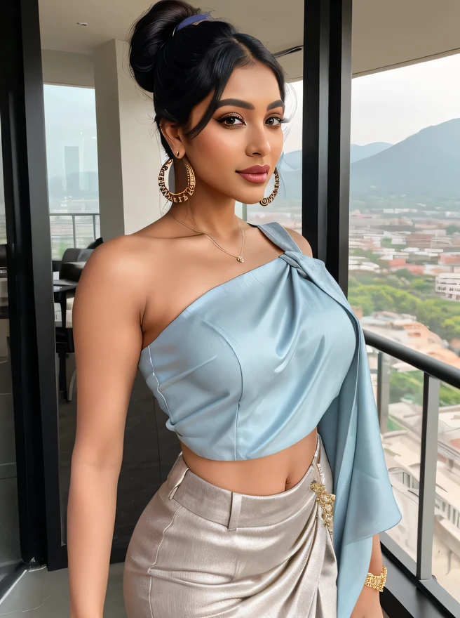 Create an ultra-realistic image of a modern, attractive female influencer of Indian descent, aged between 27 to 30. She should have a warm and inviting smile, expressive almond-shaped eyes with a slight shimmer, and clear, glowing skin with a medium brown complexion. Her features should be well-defined, with high cheekbones and a sharp jawline. Her hair should be long, thick, and styled in a sleek high ponytail with a bit of volume at the crown, with a natural shine and bounce. The hair color should be a deep, reddish-purple hue that’s bold yet sophisticated. She should have a slender yet athletic build, reflecting a healthy and active lifestyle. Her bust size should be medium (40-42 inches), offering a balanced and proportionate look that fits a variety of body types, enhancing her overall appearance.

She is wearing a powder blue chiffon saree paired with a silver crop top blouse, highlighting her toned figure and elegant curves. Her outfit is completed with stylish black heeled sandals that add elegance to her look. She accessorizes with subtle yet chic jewelry, such as small hoop earrings and a few thin bangles.

The background should be an open-air balcony with a view of the mountains, suggesting a serene and sophisticated lifestyle. Her overall appearance should exude confidence, approachability, and sophistication, capturing the essence of a contemporary Indian fashion influencer.