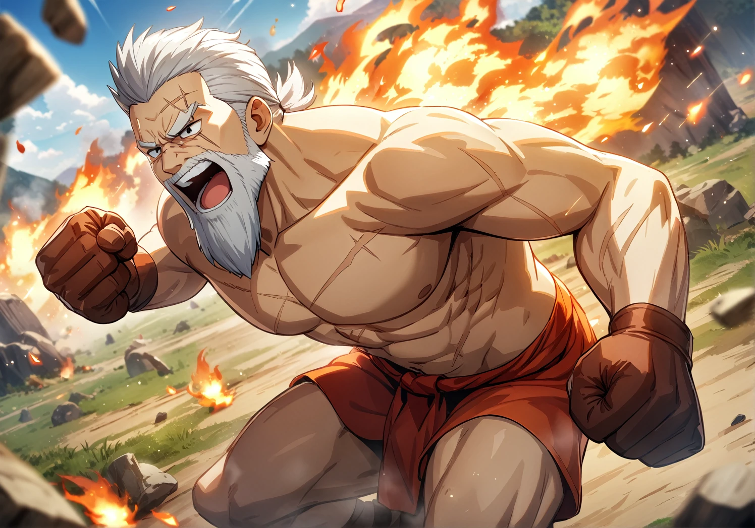 (masterpiece, best quality, very aesthetic, absurdres:1.2), game cg, 1man, old man, solo, silver hair, extra short hair, faux hawk hair, black eyes, (beared, white beared:1.2), topless, red fundoshi, punching, barehands, smile, open mouth, upper teeth, brawny, scar, face scar, battle field, wilderness, flame