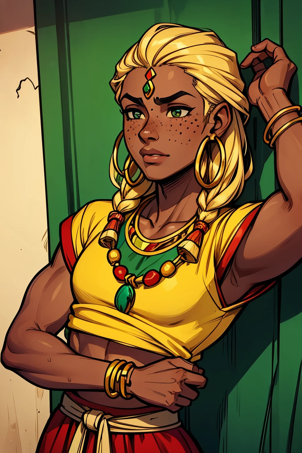 Athletic toned man, feminine, soft facial fearures, many freckles, dark skin, brown_body, clean shaved, ethnic native African, red, gold and green necklace; Africa colored shirt; bracelets and earrings, long blond hair, colorful ethnic attire