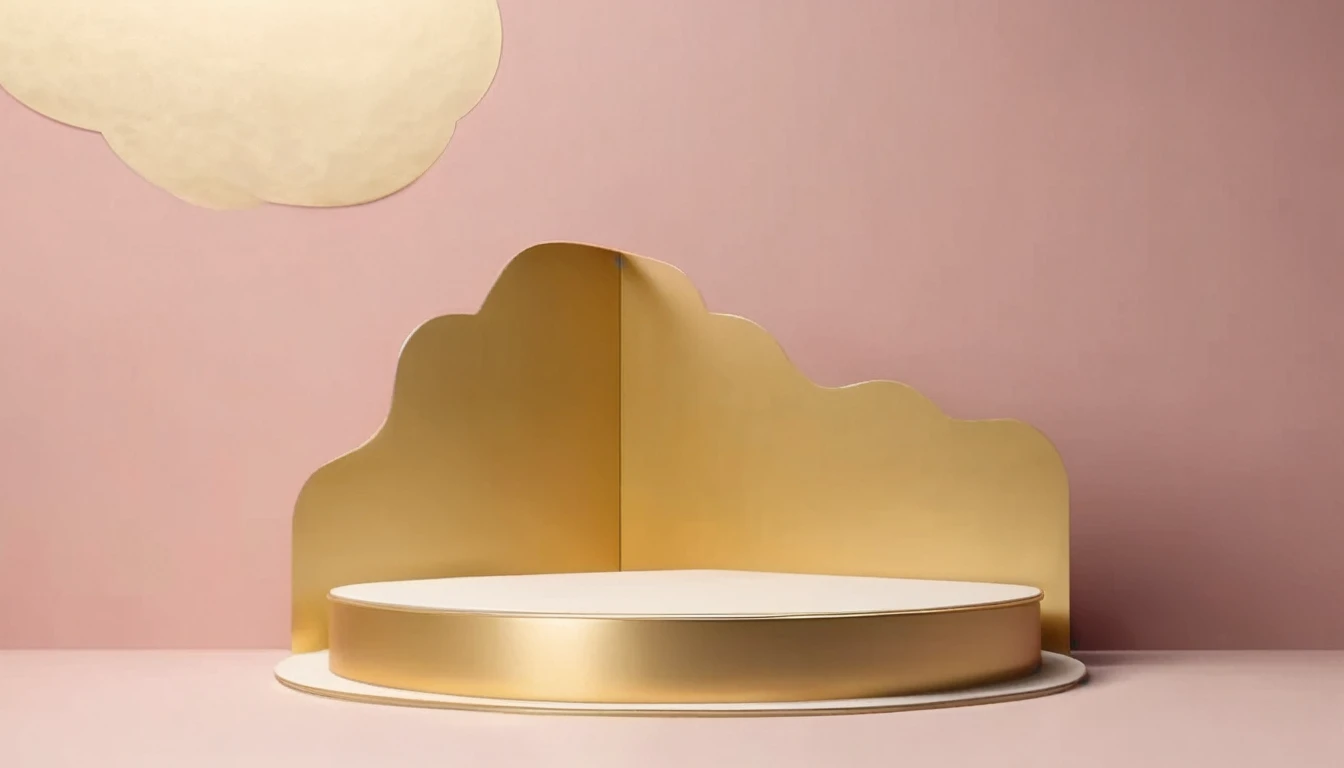 Gold and pastel display podium for luxury product advertisment with paste leave background