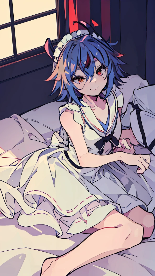 a sexy female with long blue hair, has fuzzy floppy puppy ears, has a puppy tail, wearing a black corset, wearing a black mini skirt, has a dark blue dog collar on, wearing cute thigh high socks, relaxing on knees, solo, alone, (SOLO)ALONE), no dogs, single girl, on knees, on a dog bed