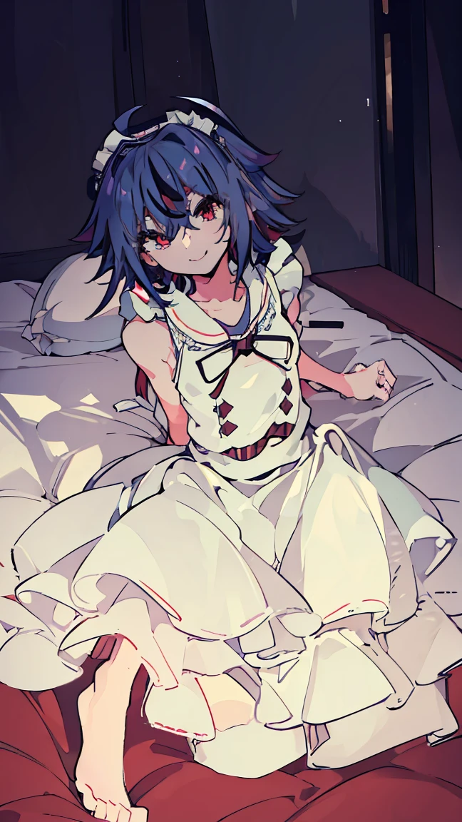 masterpiece, Highest quality, High resolution, Very detailed,(((Mikoto Naruka))), (((Maid clothes)))), (((smile)))), Lying in bed。, indoor