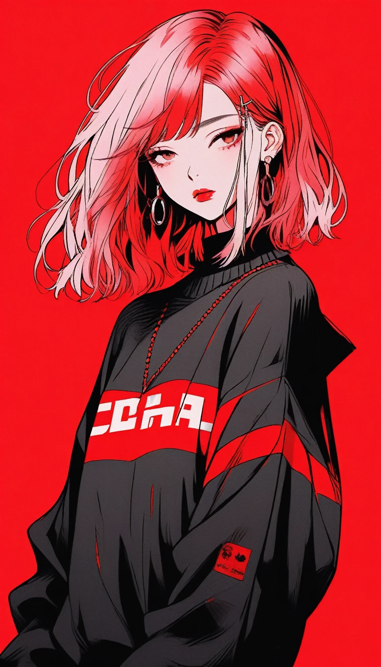 Illustrator, anime , Realistic ,sketch , 1 girl, ,lip, sweater,order, red gradient background, Neon Hair,Textured Trim, Canadian, (masterpiece,highest quality) Bob Hair,Bob,short, china dress,