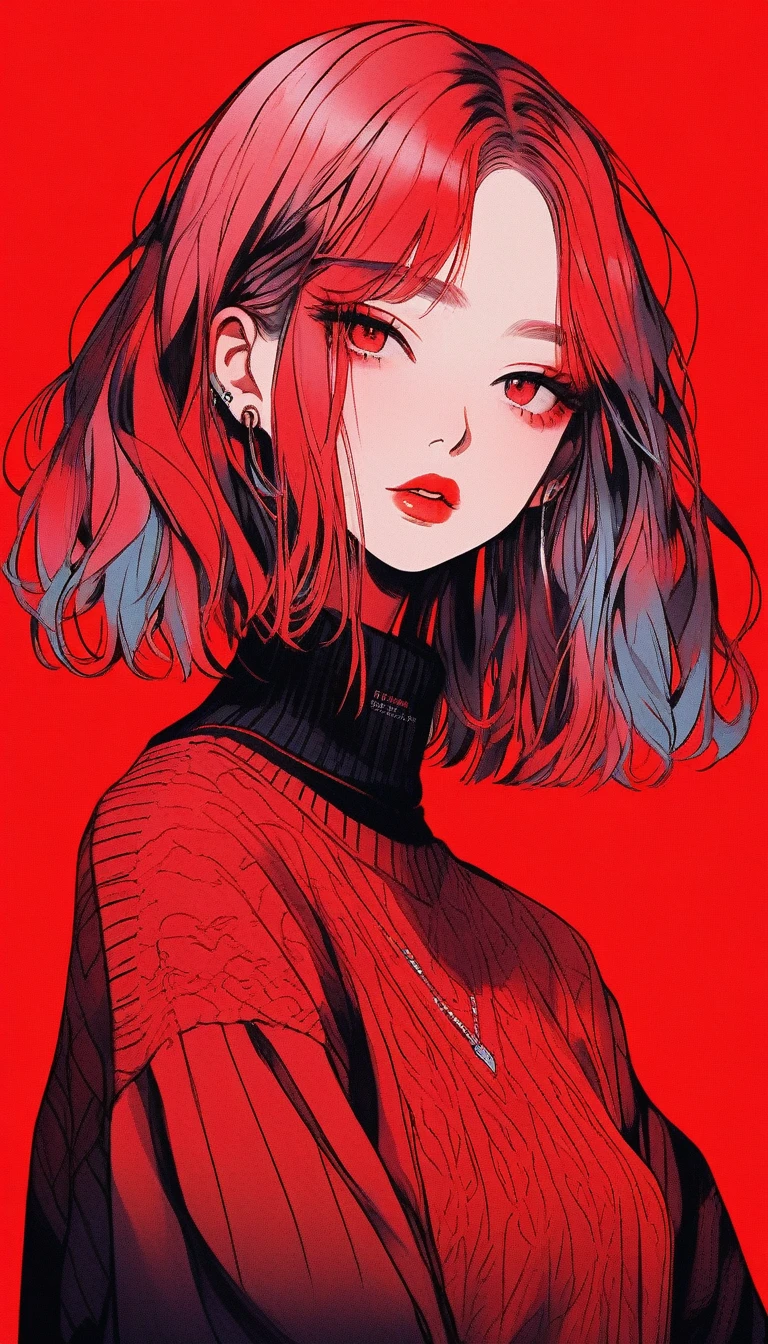 Illustrator, anime , Realistic ,sketch , 1 girl, ,lip, sweater,order, red gradient background, Neon Hair,Textured Trim, Canadian, (masterpiece,highest quality) Bob Hair,Bob,short, china dress,