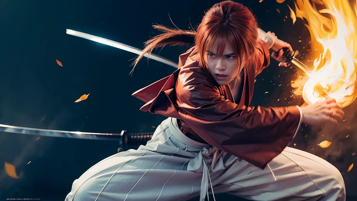 Design amazing postereatures kenshin as the protagonist "Rurouni Kenshin" In the heat of the moment. Capture the essence of his burning determination and indomitable spirit. For he unleashed his anger. Action with a straight sword in hand, Keep it short, Bold, And strongly convey the raw power of Kenshin's anger. Long Hair, ponytail, Red Hair, katana, cross sign in left cheek, High quality, photorealistic, 20-year-old man, holding a Katana in his hand, surrounded by fire. The man has a determined posture, He is wearing a red kimono with intricate patterns, paired with a white hakama .The lighting is realistic, emphasizing the intensity of the scene.