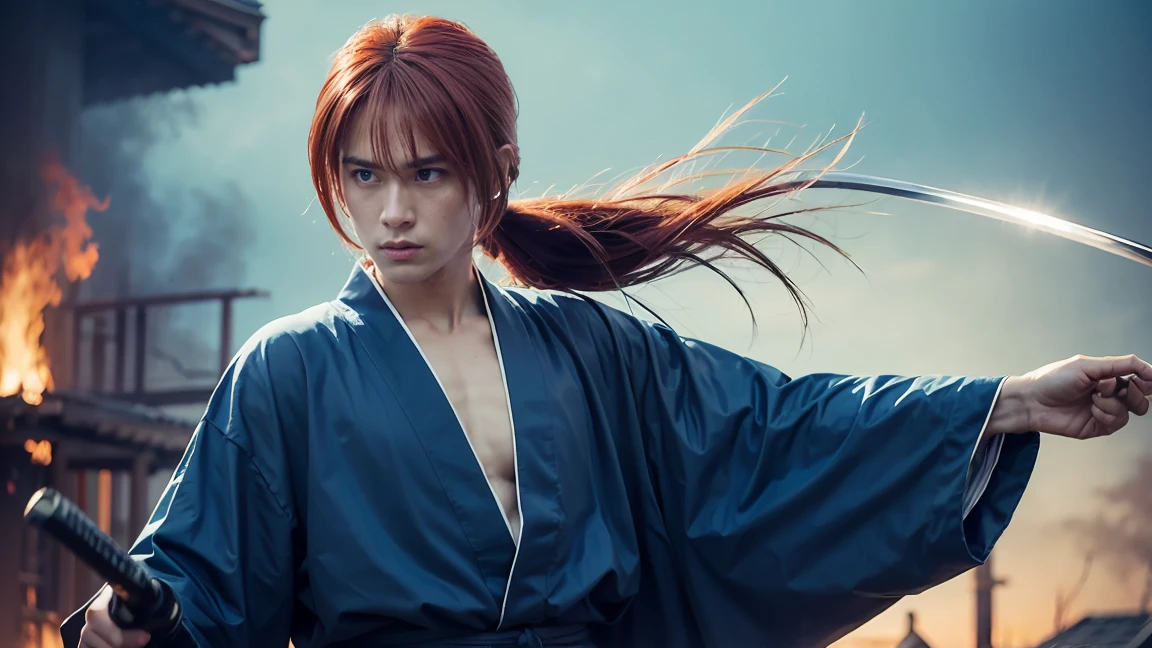 Design amazing postereatures kenshin as the protagonist "Rurouni Kenshin" In the heat of the moment. Capture the essence of his burning determination and indomitable spirit. For he unleashed his anger. Action with a straight sword in hand, Keep it short, Bold, And strongly convey the raw power of Kenshin's anger. Long Hair, ponytail, Red Hair, katana, cross sign in left cheek, High quality, photorealistic, 20-year-old man, holding a Katana in his hand, surrounded by fire. The man has a determined posture, He is wearing a red kimono with intricate patterns, paired with a white hakama .The lighting is realistic, emphasizing the intensity of the scene.