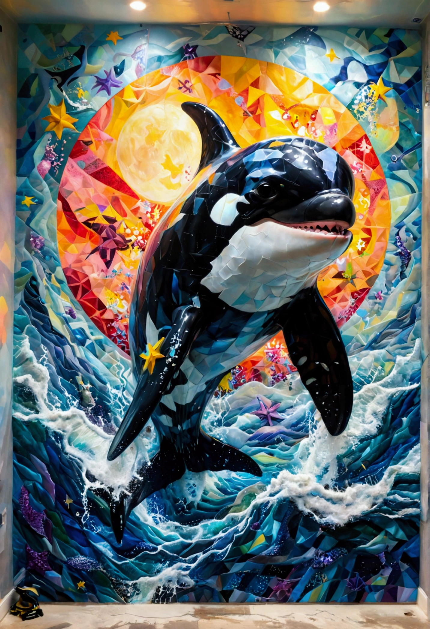 ( AN ORCA WHALE,A LIGHTNING LIGHT AND SEA STARS ),(best pose),(best angle), (best expression), Eduardo Kobra quilting ,multidimensional geometric wall PORTRAIT, until, chibi,at 8 am, appealing, Coloring, LARGE OIL SCREEN 532k