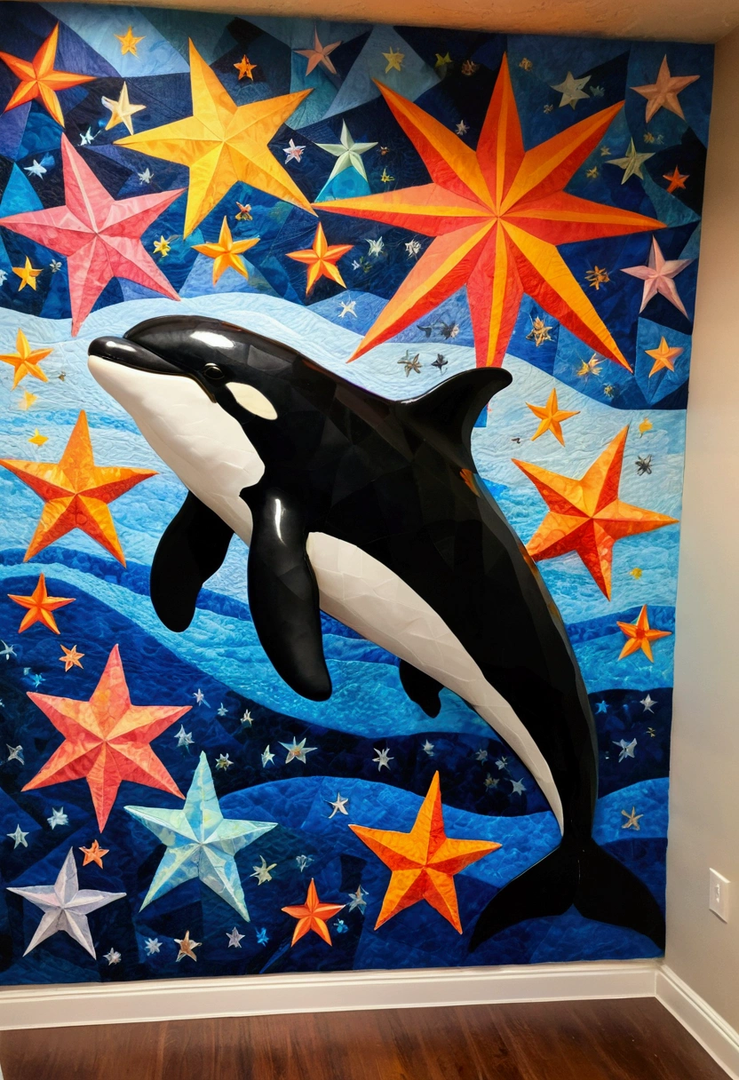 ( AN ORCA WHALE,A LIGHTNING LIGHT AND SEA STARS  ),(best pose),(best angle), (best expression), Eduardo Kobra quilting ,multidimensional geometric wall PORTRAIT, until, chibi,at 8 am, appealing, Coloring, LARGE OIL SCREEN 532k