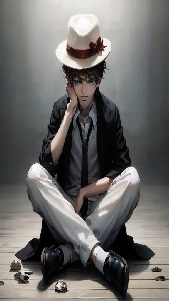 (best quality,4k,8k,highres,masterpiece:1.2),ultra-detailed,(realistic,photorealistic,photo-realistic:1.37),1 man,31 years old,mature man,very handsome,without expression,smile,short grey brown hair,blue eyes,penetrating gaze,perfect face without errors,imposing posture,businessman,office background,cinematic lighting,hdr image