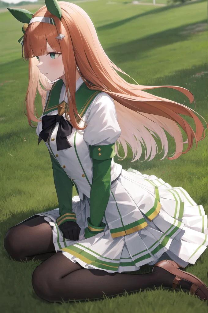 masterpiece, best quality, highres, aasuzuka, long hair, animal ears, ear covers, white hairband, horse tail, green sailor collar, black bow, white shirt, layered sleeves, green sleeves, black gloves, white skirt, black pantyhose, grass, wariza, sweat, shoes,((((nsfw,vaginal,sex,woman on top))))