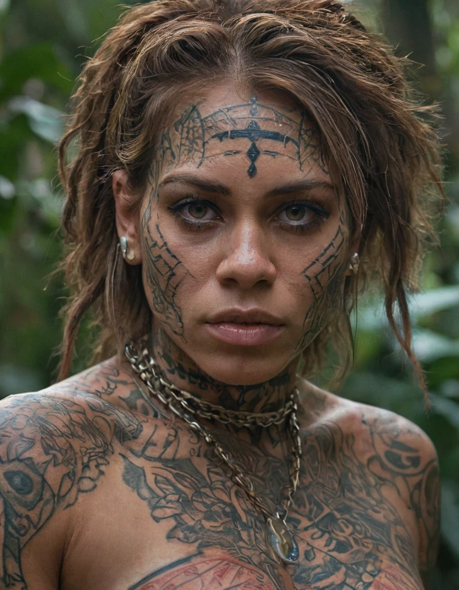 (Busty:1.4), big breast, voluptous, curvy, hanged to death in the gallows , mouth agape, unconscious , rope on neck , death scene, painful expression , noose, wounded, rope necklace , bloodied, scratches, in jungle, morning