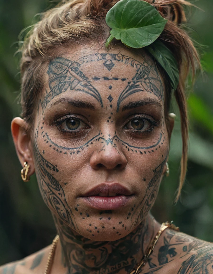 Close up, amazing quality, masterpiece, best quality, hyper detailed, ultra detailed, perfect anatomy, portrait, dof, hyperrealism, majestic, awesome, inspiring, a jungle woman standing. Her head is covered with tattoos that prove dominant and power, her gaze is piercing, intricate detail, ornate, best quality, hyperdetailed, absurd, dramatic light, atmospheric, vivid details, UHD, HDR,