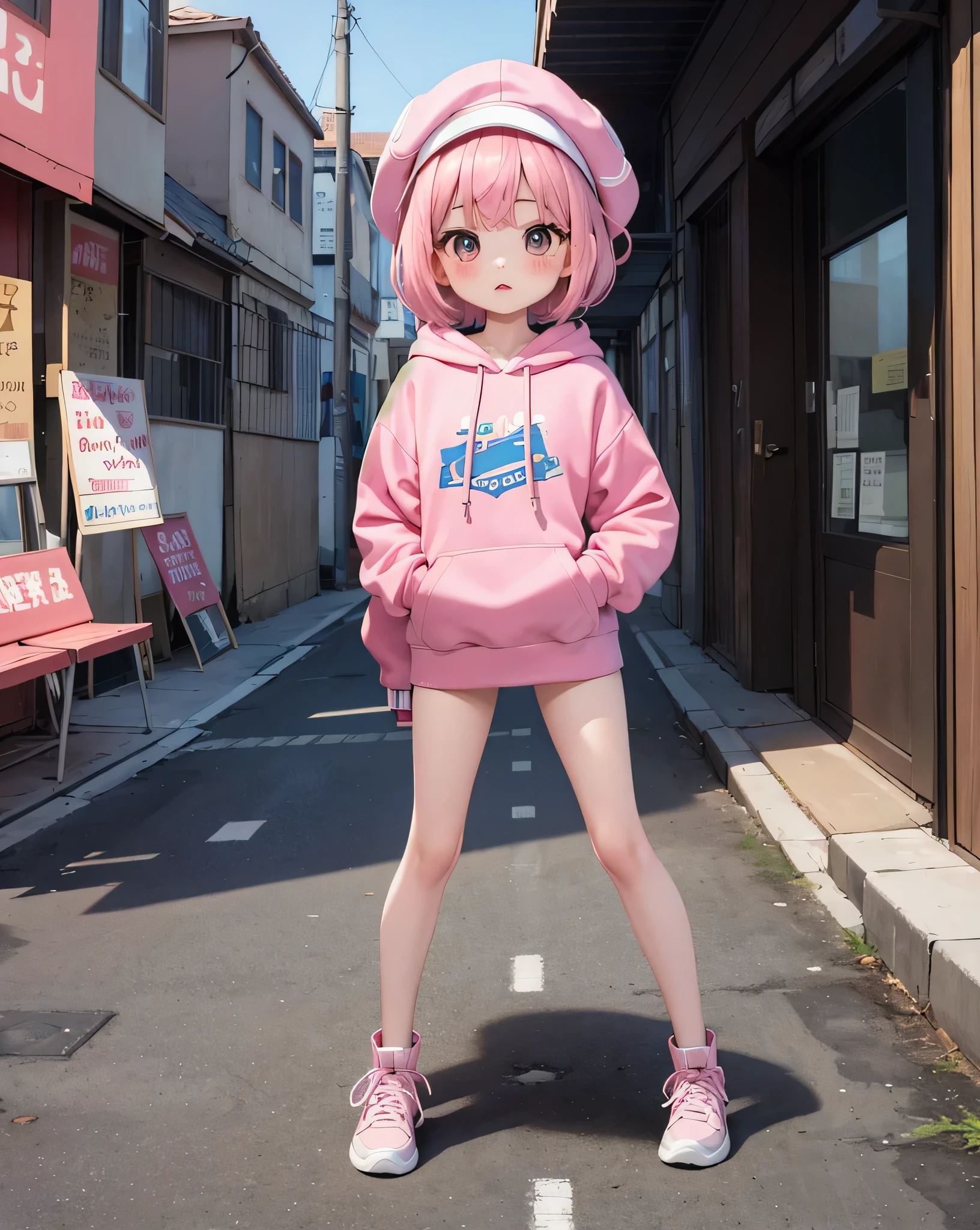 masterpiece,1 girl,alone,(((cutest girl ever)))、short hair,pink hair,Fashionable hoodies,mob cap, street,put your hands on your hips, put one&#39;Hand in hand&#39;pocket of,