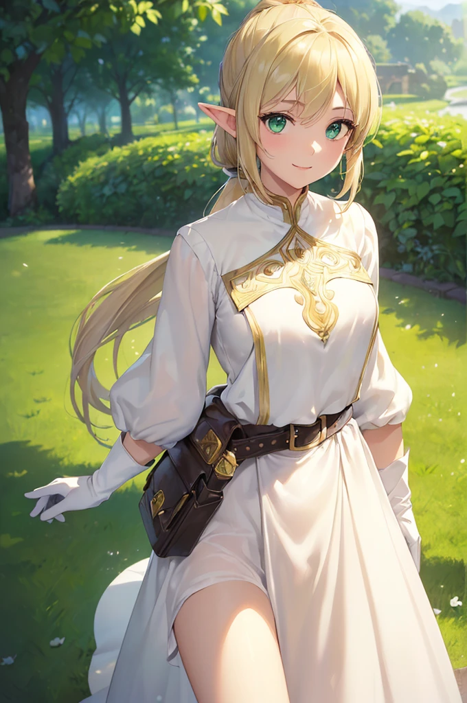 (((masterpiece; best quality: 1.2))), (finely detailed eyes: 1.3), (25 year old elf woman), (solo), (green eyes: 1.4), (body; lithe, fit, femenine: 1.3), (silky blonde hair + low ponytail: 1.3), (beautiful and clear background: 1.2), ((depth of field)), (equipment: adventurer attire + modest + long white tunic-coat + black longskirt + gloves + belt + pouches: 1.3), (anime illustration: 1.2), (background composition; royal garden: 1.1), (extremely fine and beautiful: 1.1), (shot composition; standing + centered on torso + close-up: 1.5), (expression; calm, smile: 1.2)