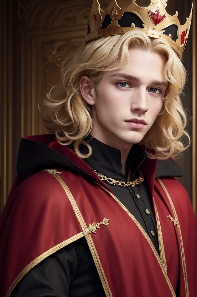 ((best quality)), ((masterpiece)), (detailed), perfect face Blond man with medium curly hair who wears black clothes with a red and black cape with a crown on his head
