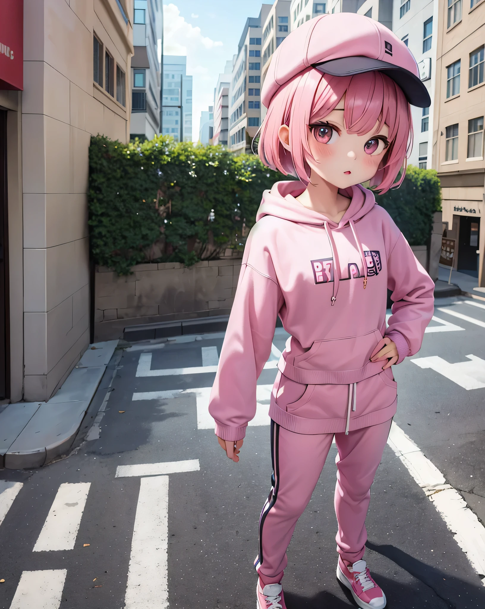 masterpiece,1 girl,alone,(((cutest girl ever)))、short hair,pink hair,Fashionable hoodies,mob cap, street,put your hands on your hips, put one'Hand in hand'pocket of,