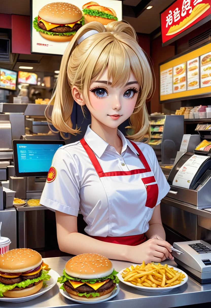 ( Correct and perfect anatomy ) Cute charming anime girl wearing white fast food uniform(Fast food clerk) There is a cash register in front of work in a fast food restaurant with a hand holding an order form. There are rich healthy side dishes around the cash register. The background of fast food meals is a rich meal preparation scene. Exquisite illustrations are super detailed.,Ultra-precise depiction, Ultra-detailed depiction of masterpieces Highly detailed concept art Highly detailed digital art