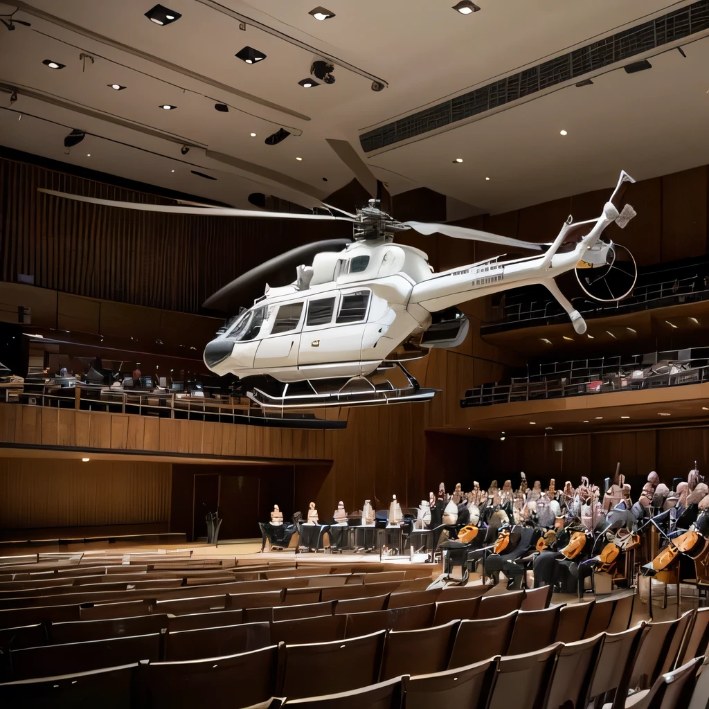best quality, ultra-detailed, realistic, (white transport helicopter, UH-60, flying:1.4), BREAK (concert hall, orchestra:1.3), from behind