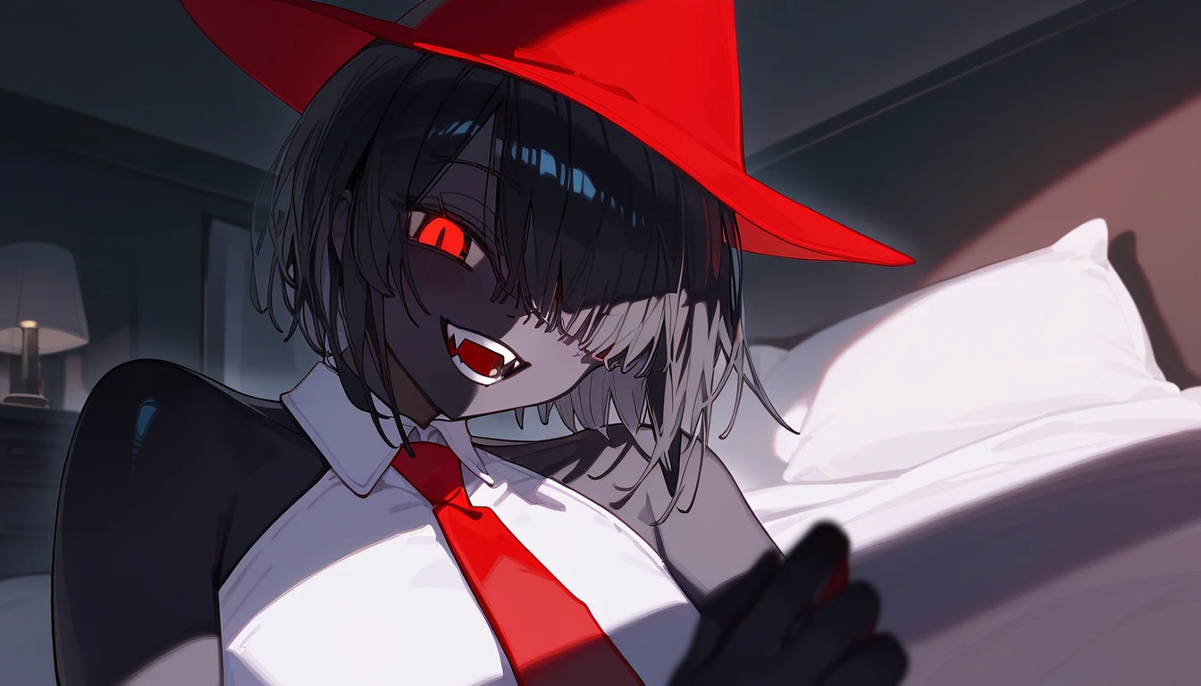 masterpiece, best quality, score_9,shadow man,black hair covering one eyes,shadow black skin,red eyes,smile,red tie,red hat,fangs,in bedroom,dark room,night,lights off