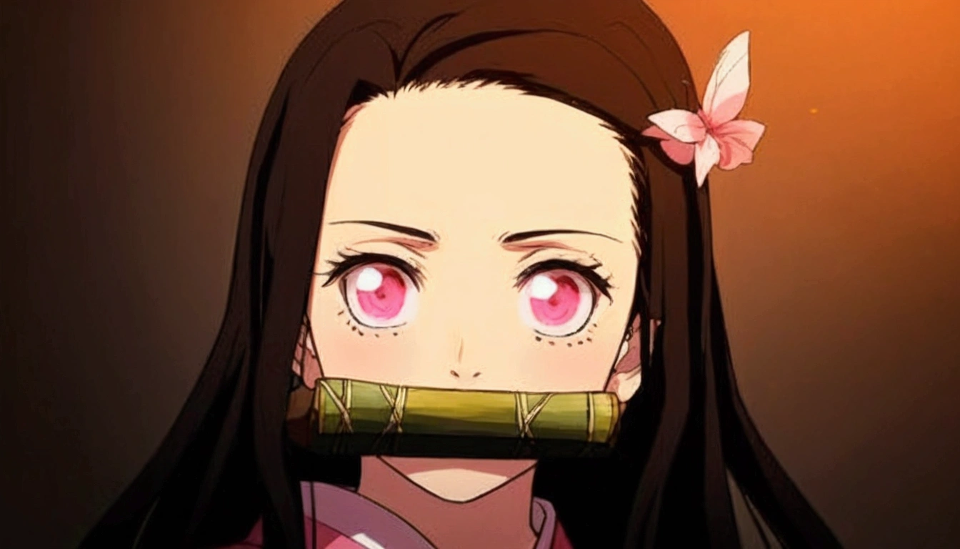  anime with a bamboo stick in its mouth, nezuko-chan, nezuko, demon slayer rui fanart, pin on anime, perfect anime face, Chiaki Nanami from Danganronpa, in the anime series ergo proxy, Junko Enoshima from Danganronpa, extremely cute anime girl face, Demon slayer art style