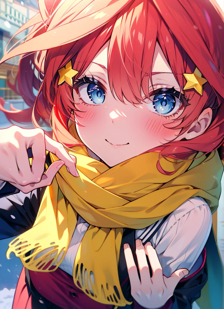 itsukinakano, itsuki nakano, bangs, blue eyes, Hair between the eyes, Ahoge, Redhead, star \(symbol\), hair ornaments, star hair ornaments,smile,Yellow scarf,red coat,White Tokkuri Sweater,Black long skirt,Black pantyhose,short boots,blush,White Breath,Close your mouth,It's snowing,It's snowing,Shirogane World,Walking,whole bodyがイラストに入るように,
break outdoors, Snow Country,Residential Street,
break looking at viewer, whole body,(Cowboy Shot:1. 5),
break (masterpiece:1.2), Highest quality, High resolution, unity 8k wallpaper, (figure:0.8), (Beautiful attention to detail:1.6), Highly detailed face, Perfect lighting, Highly detailed CG, (Perfect hands, Perfect Anatomy),