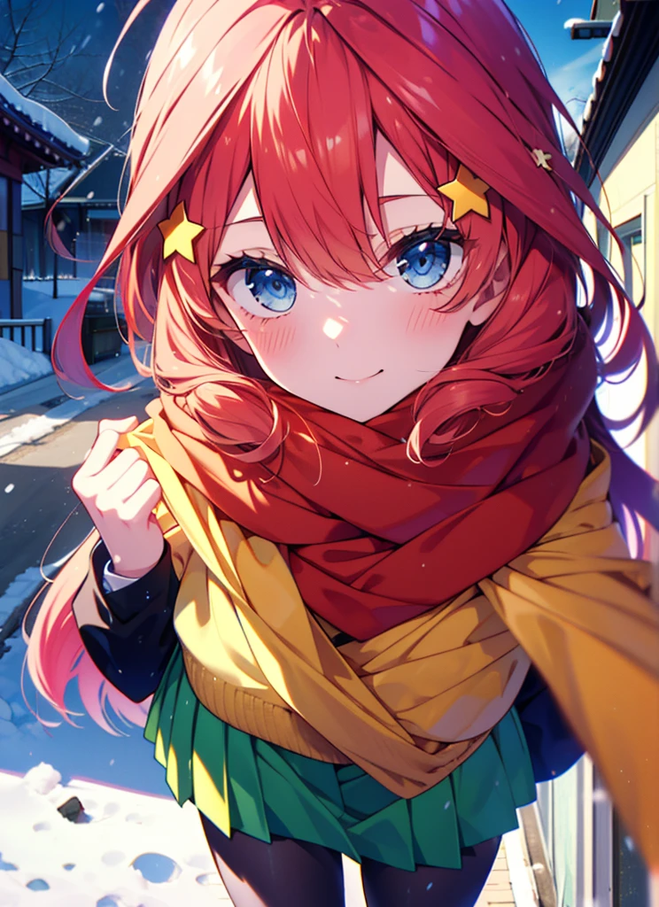 itsukinakano, itsuki nakano, bangs, blue eyes, Hair between the eyes, Ahoge, Redhead, star \(symbol\), hair ornaments, star hair ornaments,smile,Yellow scarf,red coat,White Tokkuri Sweater,Black long skirt,Black pantyhose,short boots,blush,White Breath,Close your mouth,It&#39;s snowing,It&#39;s snowing,Shirogane World,Walking,whole bodyがイラストに入るように,
break outdoors, Snow Country,Residential Street,
break looking at viewer, whole body,(Cowboy Shot:1. 5),
break (masterpiece:1.2), Highest quality, High resolution, unity 8k wallpaper, (figure:0.8), (Beautiful attention to detail:1.6), Highly detailed face, Perfect lighting, Highly detailed CG, (Perfect hands, Perfect Anatomy),