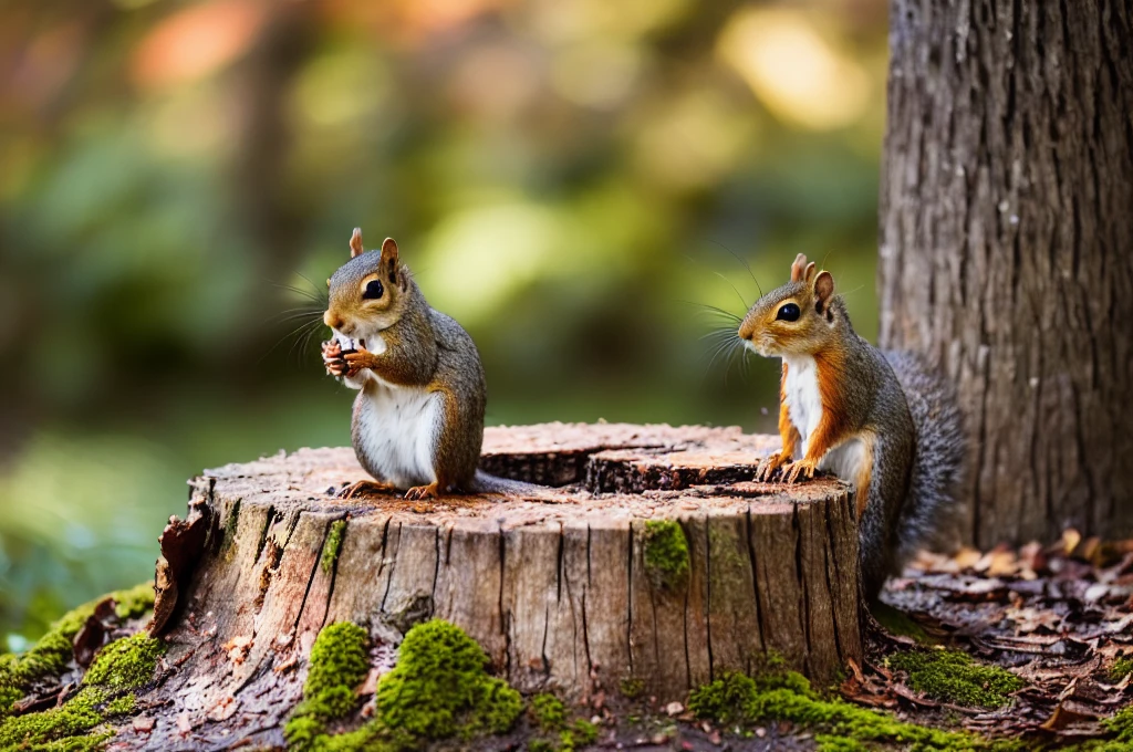 there is a squirrel that is eating something on a tree stump, having a snack, squirrel, portrait of forest gog, fotografia, autumn, in picturesque forest diorama, beautiful high resolution, photo of a beautiful, beautiful nature, natural beauty, mouse guard sits on a stump, woodland background, cute forest creature, in the autumn forest, beautiful natural backlight
