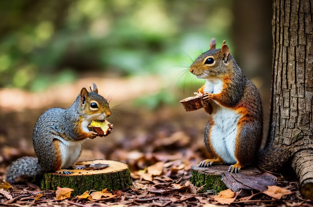 there is a squirrel that is eating something on a tree stump, having a snack, squirrel, portrait of forest gog, fotografia, autumn, in picturesque forest diorama, beautiful high resolution, photo of a beautiful, beautiful nature, natural beauty, mouse guard sits on a stump, woodland background, cute forest creature, in the autumn forest, beautiful natural backlight