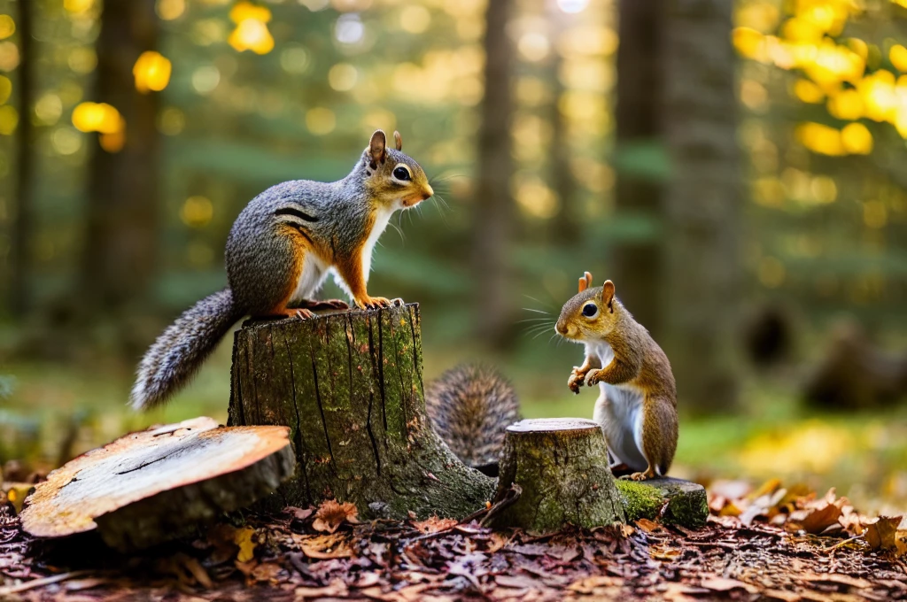 there is a squirrel that is eating something on a tree stump, having a snack, squirrel, portrait of forest gog, fotografia, autumn, in picturesque forest diorama, beautiful high resolution, photo of a beautiful, beautiful nature, natural beauty, mouse guard sits on a stump, woodland background, cute forest creature, in the autumn forest, beautiful natural backlight