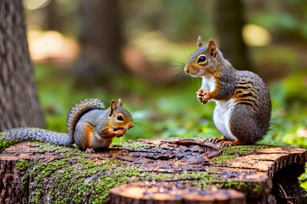 there is a squirrel that is eating something on a tree stump, having a snack, squirrel, portrait of forest gog, fotografia, autumn, in picturesque forest diorama, beautiful high resolution, photo of a beautiful, beautiful nature, natural beauty, mouse guard sits on a stump, woodland background, cute forest creature, in the autumn forest, beautiful natural backlight