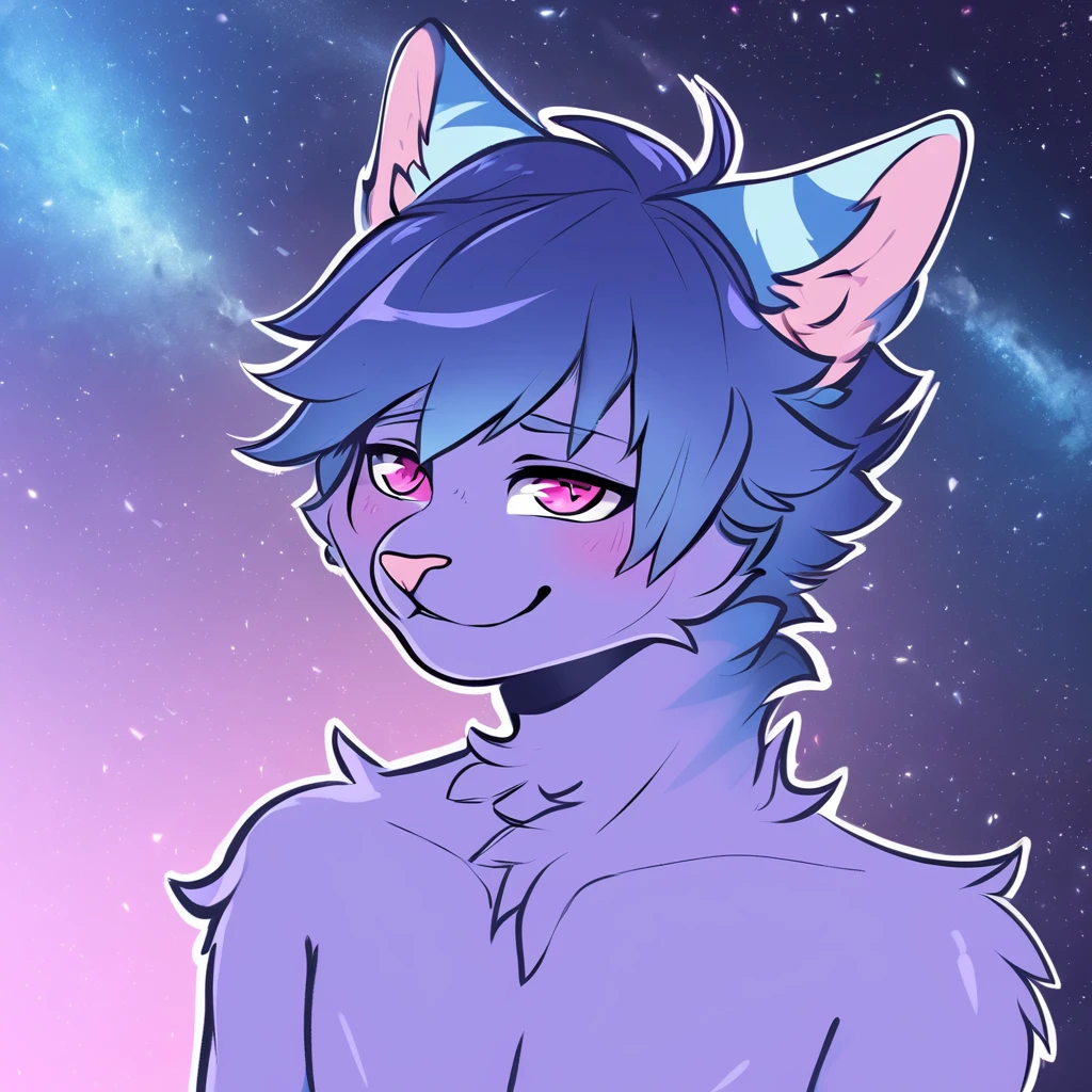 adult, feline, mammal, anthro, anthropomorphic, cat, striped, fur, striped_feline, fur, furred_anthro, femboy, male, purple_blue chest cerclean_hair, fluffy, ears, azure_blue_ears, pink_eyes, cerulean_blue_hair, expressive eyes, feline_ears, azure_purple_fur, light_purple_chest, shy, small_pupils, digital_art, high_resolution, high_res, hand-drawn, pencil_lines, head_visible, background, neck_visible, seductive_face, white_outline, profile_picture, head_visible, tail, blue_galaxy_background, galaxy, smiling, blue_hair,

