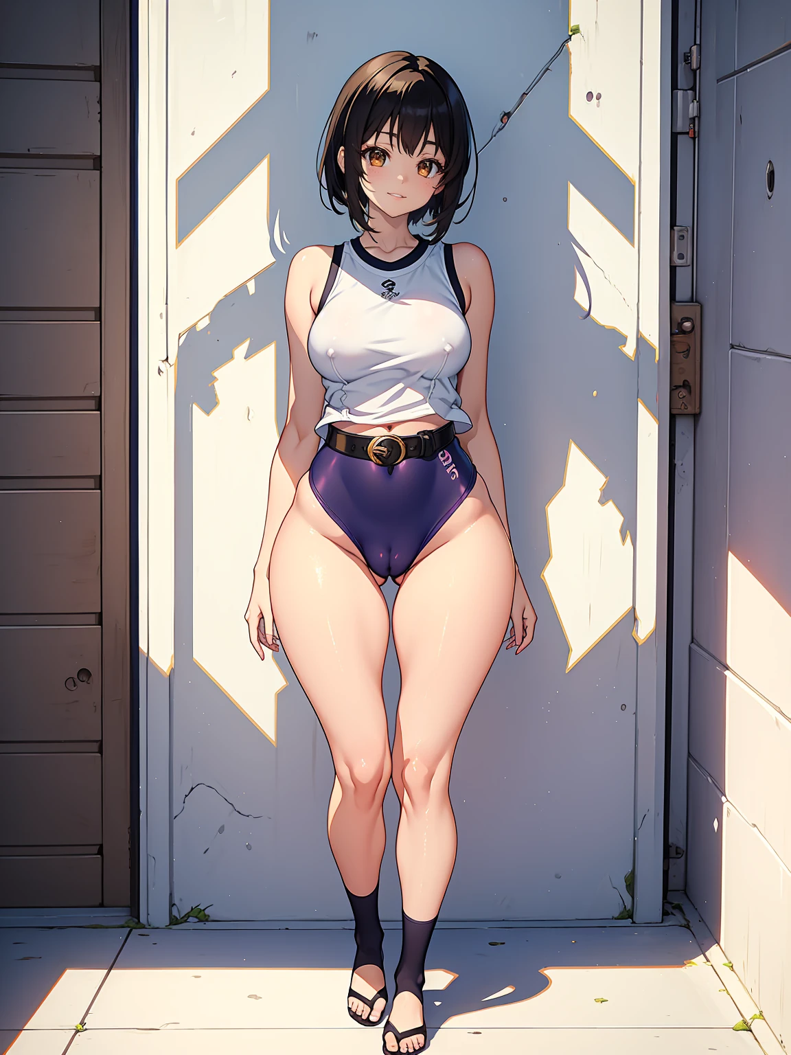 Anime, anime girl, 2d, 18y, 18 years, ((black belt)), (((full body))), Very Kawaii, smile, lip lips, seductive smile, Solo, Slim, Large Breasts, Plain White T-shirt, Very Tight Shorts, No Background, White Background, looking at viewer, darker shadows, (((absurdres))), (((thigh gap))), (((cameltoe))), (((sleeveless))),