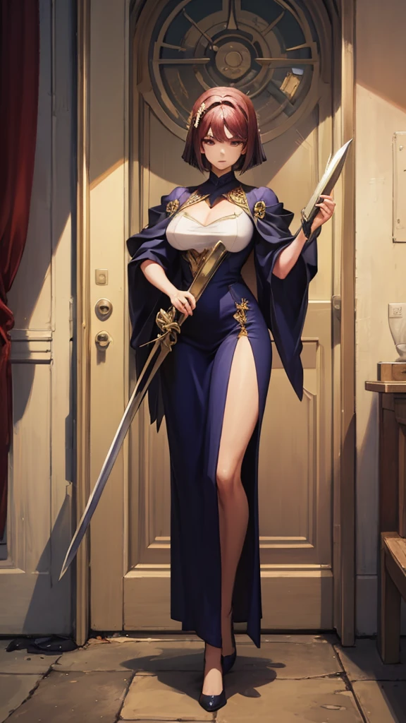 (masterpiece, 4K ,Super detailed:1.2), (anime:1), (Perfect quality), The whole body is shown, View Viewer, Female Swordsman, Muscular and ultra violent, Powerfully々And, RPG concept art character, Armor dress, Holding a sword, short hair