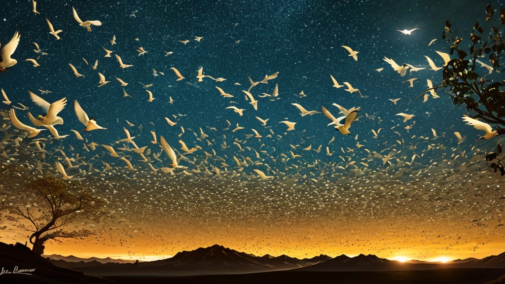 A cacophony of chirping birds at night in the wilderness