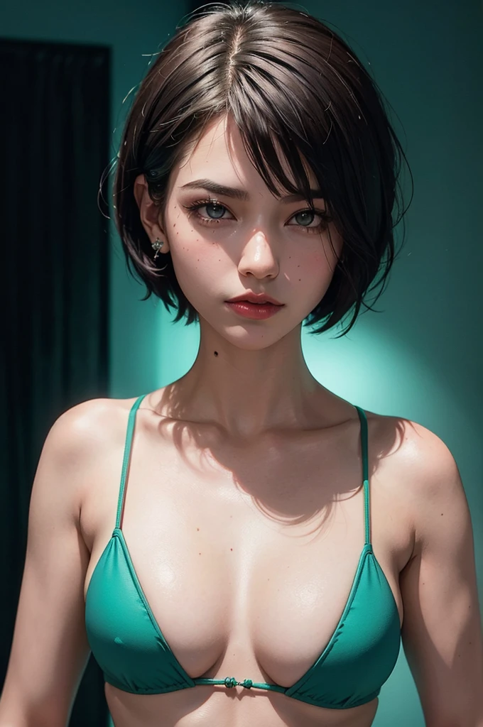 beautiful woman, short hair, beautiful face, poses for a perfect ID photo. With a piercing gaze and a sharp jawline, she shows off her upper body, The portrait is taken in a dimly lit room, with neon lights casting an otherworldly glow on her perfect face and shimmering piercings. Her short bob is messy but intentional, adding an edgy touch to her polished appearance. The focus is on her upper body, in bikini,, green theme