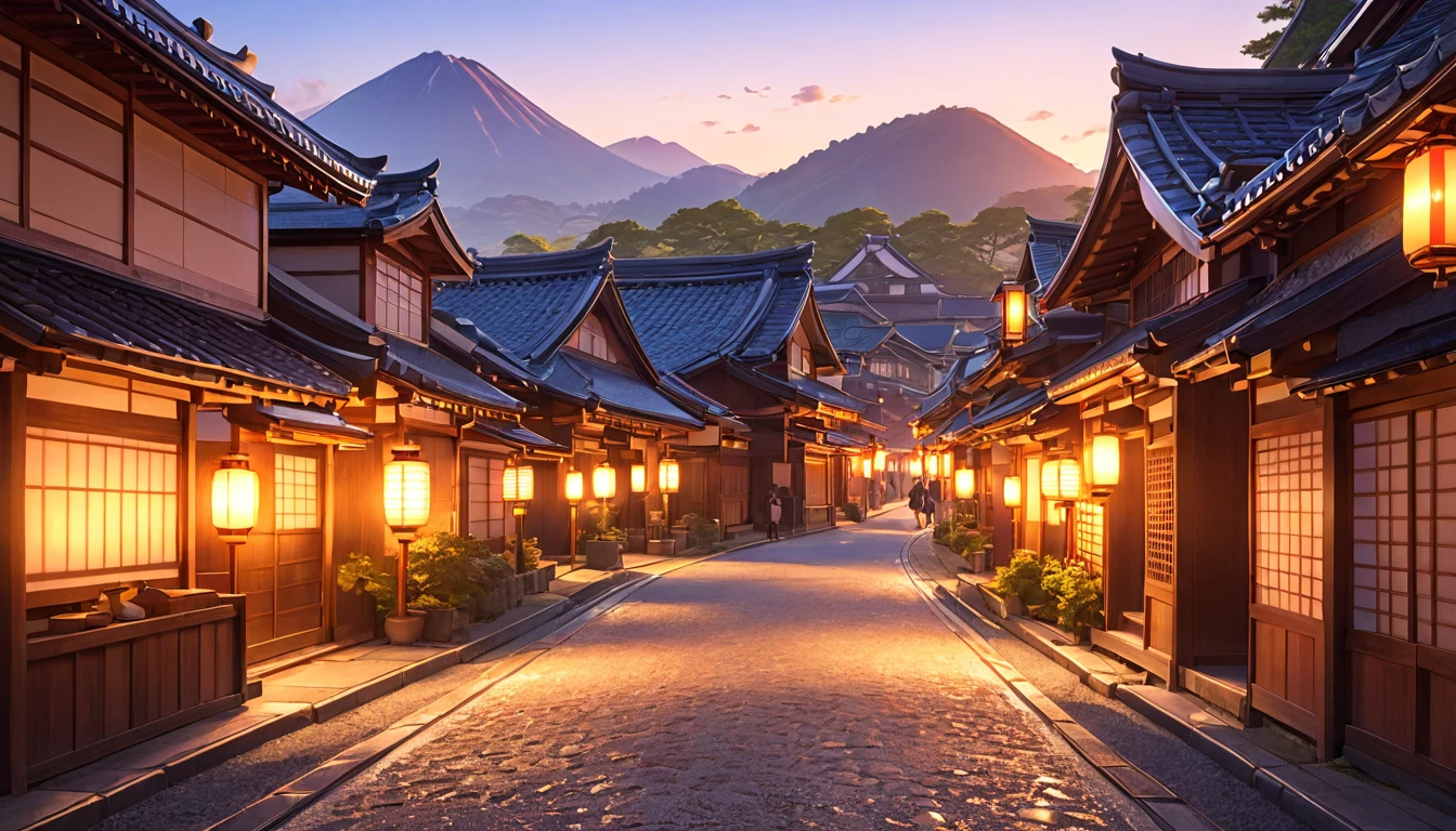 a quaint japanese village at sunset, wooden buildings, anime style, detailed environment, golden hour lighting, beautiful sky with warm colors, intricate architecture, cobblestone streets, lanterns, people in traditional japanese clothing, detailed textures, photorealistic, 8k, hyper detailed, dramatic lighting, vibrant colors, cinematic composition