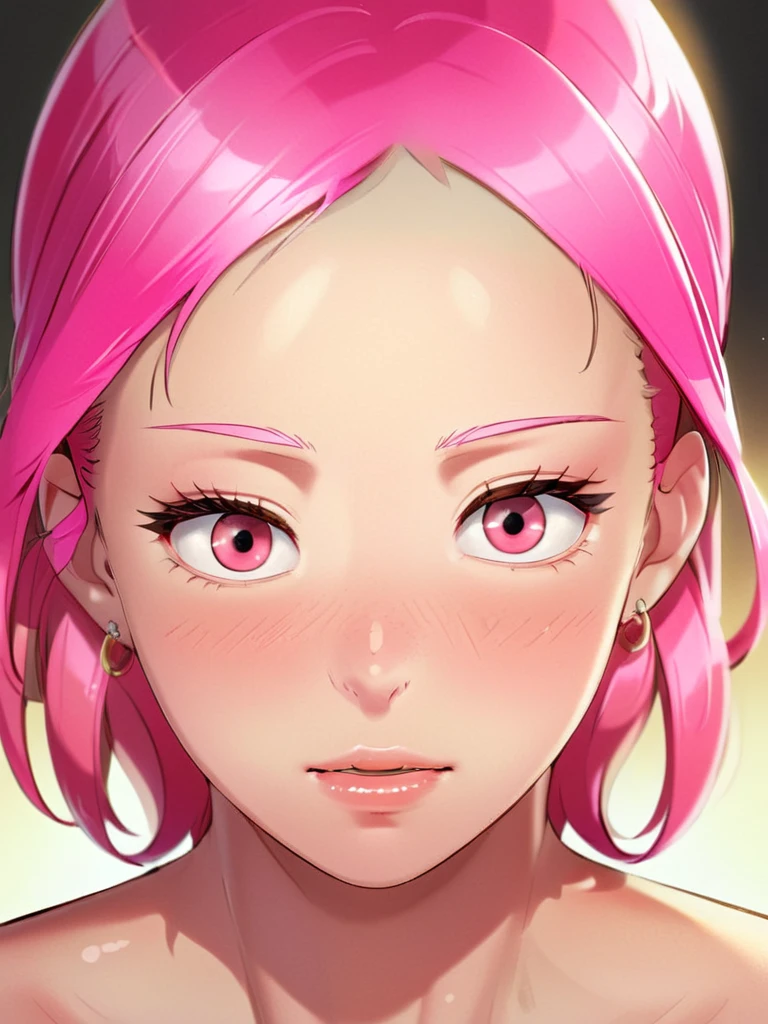 Girl with pink hair and red eyes, masterpiece, best quality, highres, highly textured skin, ring-light, anti-aliasing, color-graded, potrait, sony a7, 50 mm