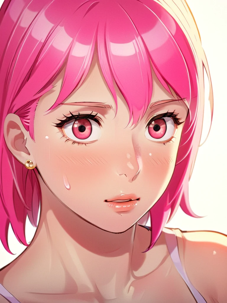 Women boxers、pink hair、Hair braids、sexy lips、Fancy Makeup、sports bra、((A face in white boxing gloves is turned to the side.))、((swoon))、((Both eyes are closed))、Image from chest above、sweat and saliva all over the body、Sweat splatters、The face is distorted by pain、mouth open、During a women's boxing match、