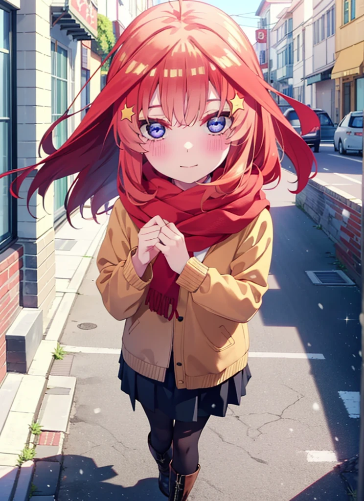 itsukinakano, itsuki nakano, bangs, blue eyes, Hair between the eyes, Ahoge, Redhead, star \(symbol\), hair ornaments, star hair ornaments,smile,Yellow scarf,red coat,White Tokkuri Sweater,Black long skirt,Black pantyhose,short boots,blush,White Breath,Close your mouth,It's snowing,It's snowing,Shirogane World,Walking,whole bodyがイラストに入るように,
break outdoors, Snow Country,Residential Street,
break looking at viewer, whole body,
break (masterpiece:1.2), Highest quality, High resolution, unity 8k wallpaper, (figure:0.8), (Beautiful attention to detail:1.6), Highly detailed face, Perfect lighting, Highly detailed CG, (Perfect hands, Perfect Anatomy),