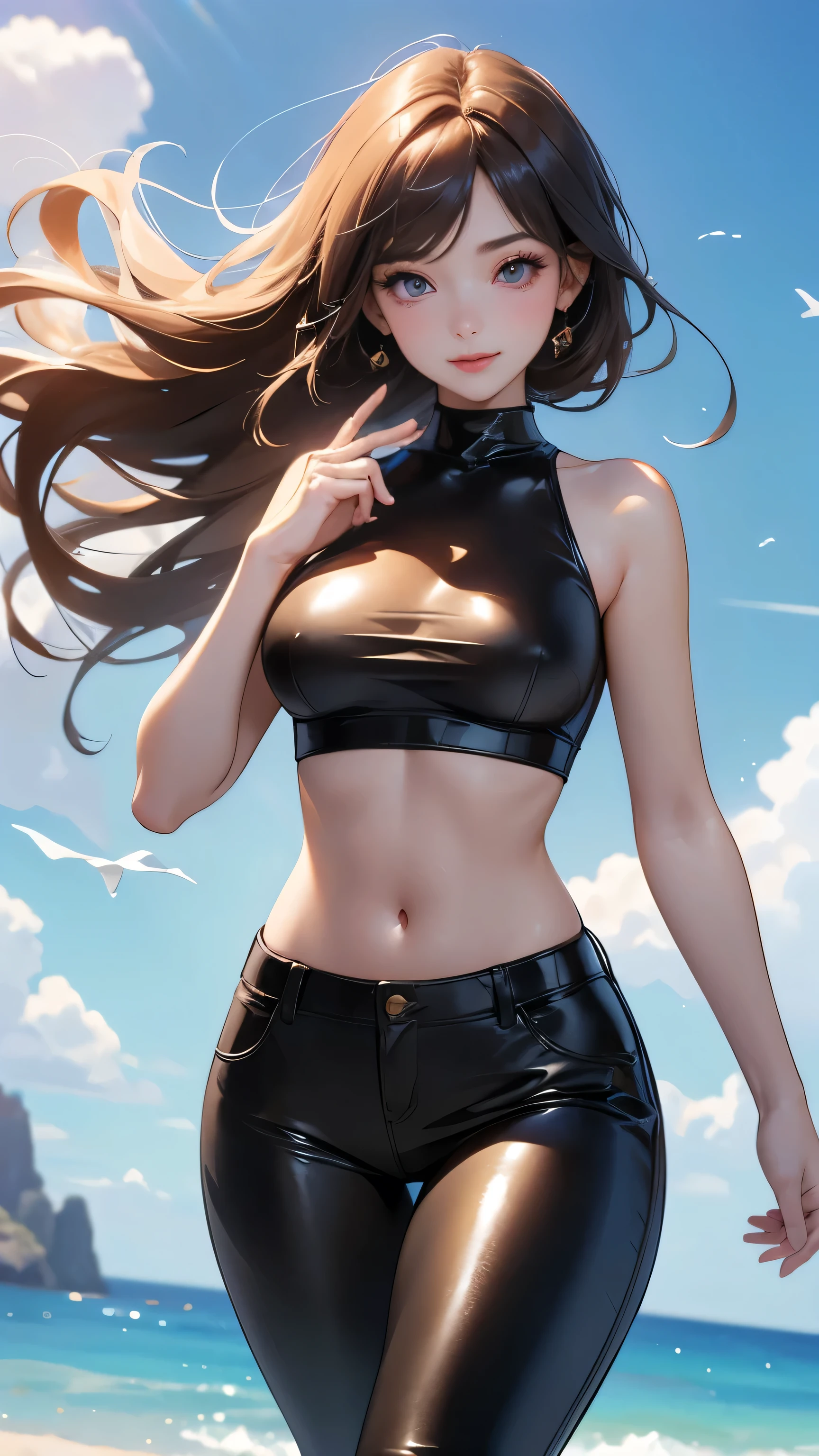 (high resolution、Masterpiece、4k、8k、high resolution)、A girl、Pretty girl、large eyes,long eyelashes,soft skin、Affordable breasts、shiny hair,Beautiful breasts、bright smile、whole body,head to toe,(anatomically correct)、sunlight、(Leather top and pantoccasins
