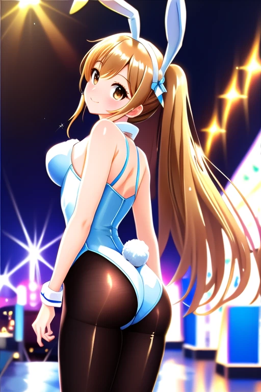 masterpiece, Highest quality, superior_Mikoto, Brown eyes, View your viewers, Casino Background, alone, Small breasts, superior半身, , smile, close_mouth, ((Are standing)), Abusing lens flares, chic, One Girl, One girl, Nice ass, Sexy pose, One Girl, Camel Toe, Bunny girl, Bodysuits, Playboy, pantyhose, Bunny ears, latex, 1 suit, White suit, Golden Bunny Suit, Bunny girl, chic suit, blue pantyhose, Blue Legs, Blue leggings