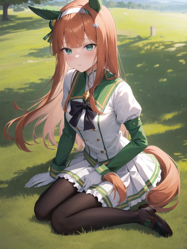 masterpiece, best quality, highres, aasuzuka, long hair, animal ears, ear covers, white hairband, horse tail, green sailor collar, black bow, white shirt, layered sleeves, green sleeves, black gloves, white skirt, black pantyhose, grass, wariza, sweat, shoes,