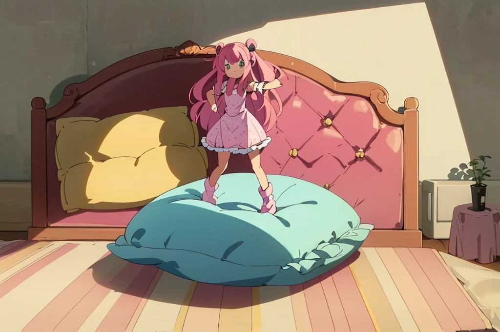 (best quality， masterpiece) , details, (Light and shadow oxtail) , Cute girl posing on pillow ，Pillow, Upholstered，Soft pillow quotation，（Pillow），The love surrounding the protagonist，steam，Luxury Pillow），（Gorgeous pattern pillow），luxurious pillow，（bedroom ）, standing,（Love around the protagonist），（pillow）, long hair, frilled pillow , ((pink pillow))  , 1 pillow, standing on top of pillow, on pillow, big pillow, pillow damage, stomping pillow, stomping, pillow on floor, stepping on pillow, posing on top pillow, full body, pillow on floor, (((pink hair))), feathers